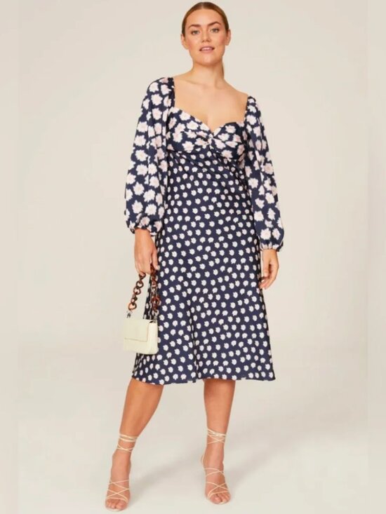 Sachin + Babi Dresses & Skirts - SACHIN & BABI Melody Midi Dress Blue Floral Ikat Crepe Balloon Sleeve Sweetheart